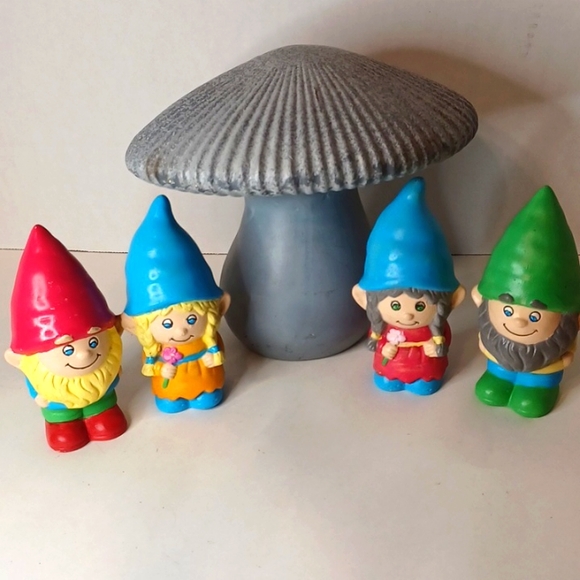 Ceramic Gnome Figurines Set of Four with Garden Mushroom Hand Painted - Picture 1 of 14
